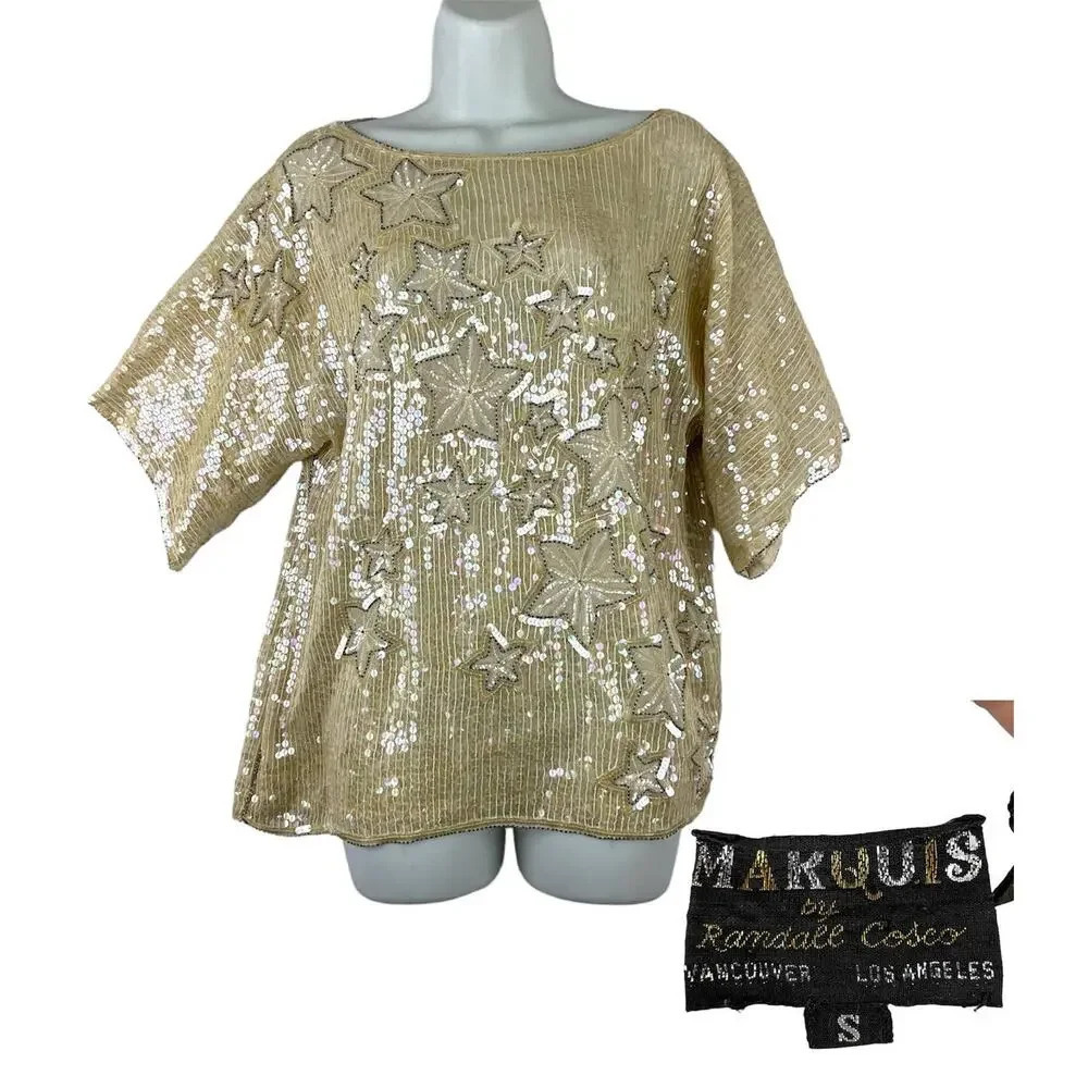 VTG Beige Sequin Stars Top SMALL‎ 100% Silk Beaded Lined Women's MARQUIS